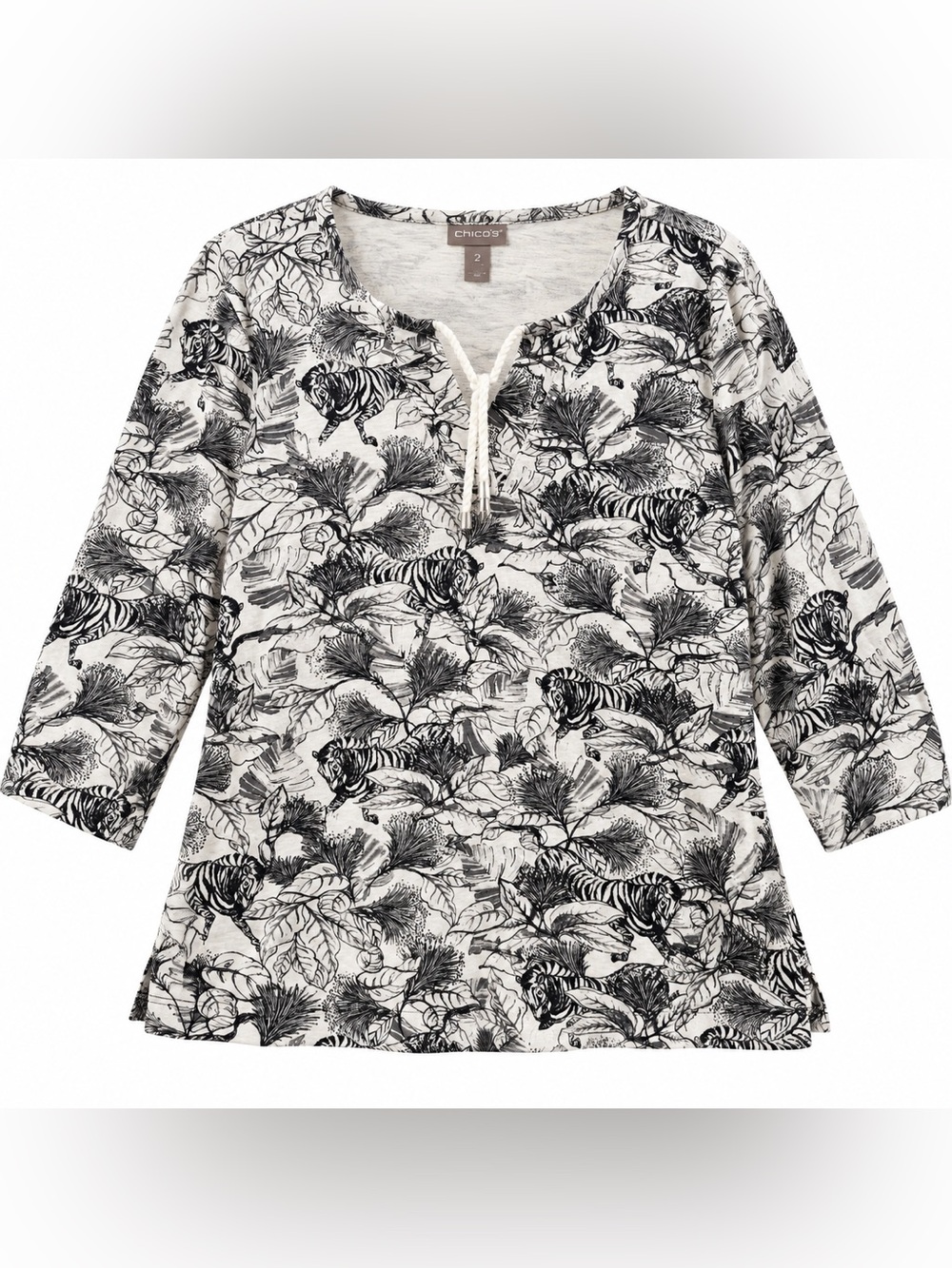 Chico’s Zebra Botanical Safari Print 3/4 Sleeve Tie Neck Top Size 2 Large